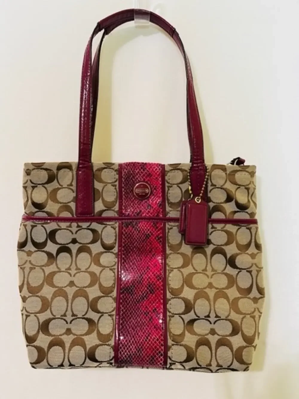 Coach Signature Python Stripe Raspberry Beige Tan shoulder purse bag gently used